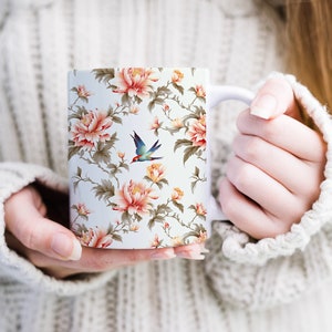 Tang Dynasty Style Mug Chinese Bird and Flower Mug Gift For Girlfriend Orange Blue Coffee Mug Floral Mug For Mom Ceramic Tea Cup Chinoiserie