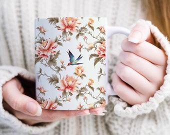 Chinoiserie Mug Tang Dynasty Bird and Floral Ceramic Tea Cup