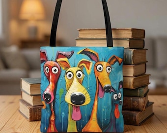 Funny Dog Tote Bag Whimsical Folk Art Puppy Tote, Colorful Boho Dog Lover Gift, Cute Market Bag for Dog Moms
