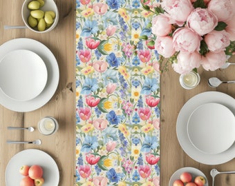 Chemin de table floral printanier, décoration de table à manger Cottagecore pastel
