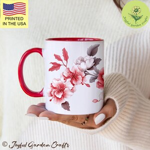 Elegant Chinese Floral Ceramic Mug Red & White Peony Blossom Coffee Cup Artistic Botanical Design Aesthetic Tea Mug Asian Gift for Women