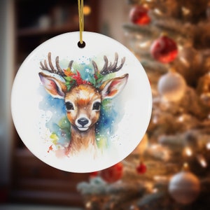 Christmas Reindeer Ceramic Ornament, Cute Baby Reindeer Ornament, Retro Style Ceramic Ornament, Round Xmas Ornament, Christmas Art Gift