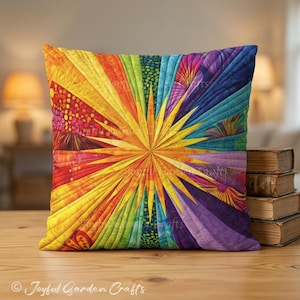May include: A square throw pillow featuring a vibrant, multi-colored starburst pattern. The design radiates from the center with quilted fabric segments in shades of yellow, orange, red, green, blue, and purple, showcasing intricate stitching.