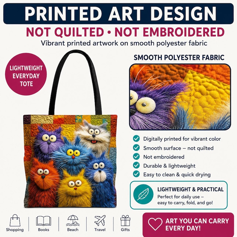 May include: A lightweight tote bag featuring a colorful, cartoon cat design. The bag is made of smooth polyester fabric and has black handles. The design is digitally printed with vibrant colors. The text on the bag says "Lightweight Everyday Tote".