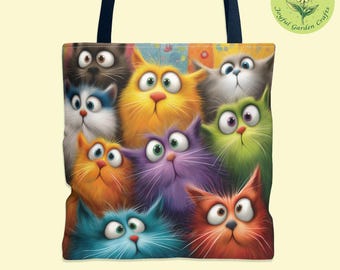 Funny Colorful Cats Tote Bag Cute Cat Lover Gift Whimsical Kitty Tote Bright Art Bag for Travel