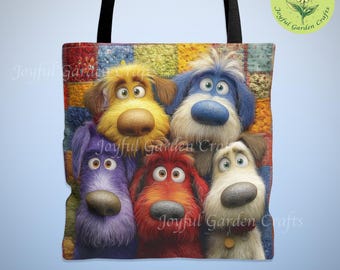 Bolsa de tela con caras de perros de dibujos animados: un regalo original para amantes de las mascotas.