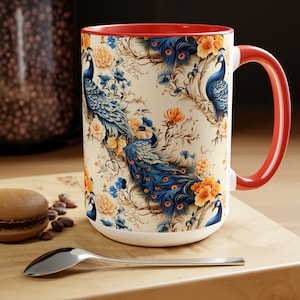 Ming Dynasty Style Peacock Mug Chinese Style Bird and Flower Tea Cup For Garden Lover Blue And Red Coffee Mug Art Gift Vintage Mug