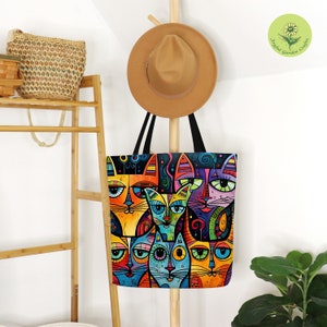 Funny Cat Tote Bag Gift for Cat Lover Colorful Bag For Cat Owner Gift Beach Tote Cute Cats Canvas Tote Artsy Gift Boho Tote Bag Whimsical