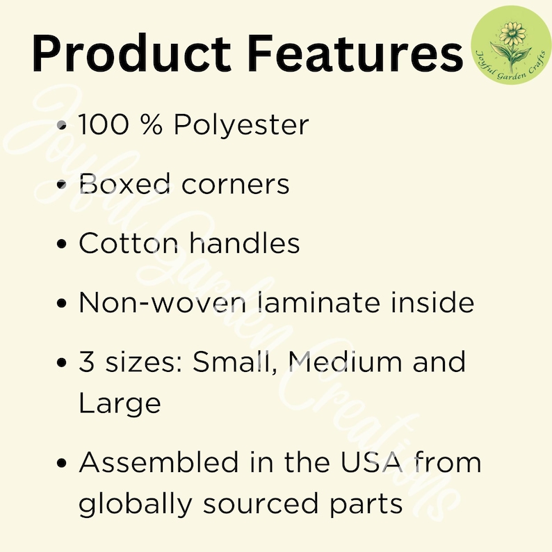 Puede incluir: Sobre un fondo crema, el texto "Product Features" seguido de vi&ntilde;etas: 100% Poli&eacute;ster, Esquinas en caja, Asas de algod&oacute;n, Laminado no tejido en el interior, 3 tama&ntilde;os: Peque&ntilde;o, Mediano y Grande, y Ensamblado en EE. UU.