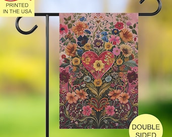 Bandera de jardín con corazón floral, decoración primaveral de doble cara