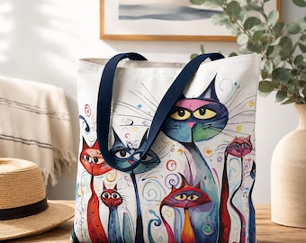 Funny Cat Tote Bag Colorful Boho Cat Lover Gift, Whimsical Folk Art Market Bag, Cute Artistic Cat Print Tote