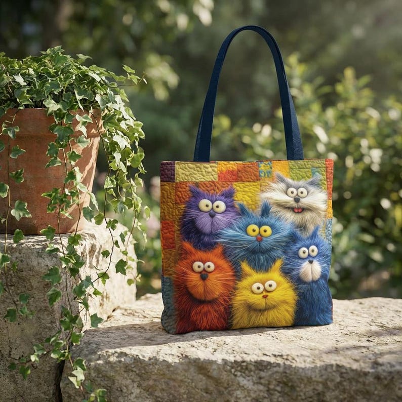 May include: A colorful tote bag featuring a whimsical design of six fluffy cartoon cats in various colors. The bag has a quilted pattern background and navy blue handles. The cats have large eyes and expressive faces, creating a playful and cheerful aesthetic.
