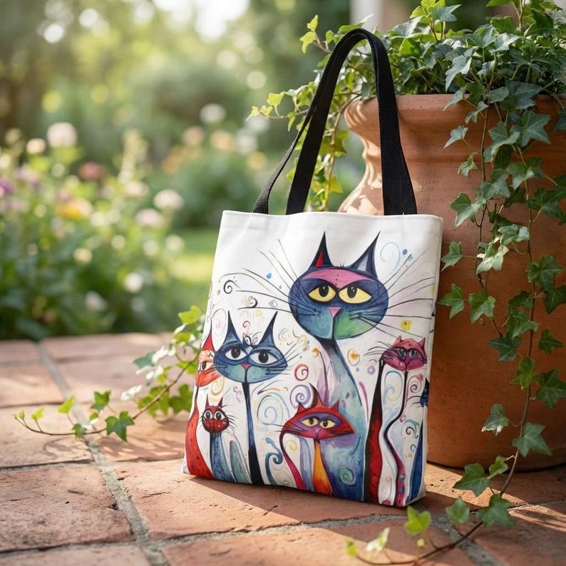 Funny folk art cat tote bag with colorful abstract cats displayed on the back of a woven café chair outdoors