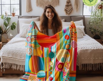 Manta de felpa de terciopelo con diseño abstracto de arcoíris, manta decorativa artística y colorida, decoración para el hogar de estilo bohemio maximalista, manta suave y acogedora para el sofá, regalo vibrante.