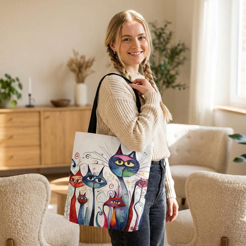 White tote bag featuring a colorful illustration of stylized cats. The artwork includes cats in various colors, including blue, red, and orange, with whimsical details. The bag has black straps and is held by a person.