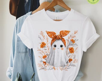 Maglietta fantasma carina e spettrale, maglietta di Halloween con stampa floreale, perfetto outfit autunnale per le donne, maglietta con stampa floreale autunnale per adolescenti, abbigliamento casual autunnale