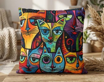 Cute Cat Pillow Cover Whimsical Art Cat Lover Gift Funny Cat Pillow Cover Cute Cat Colorful Pillow Case Accent Pillow Funny Gift Pillowcase
