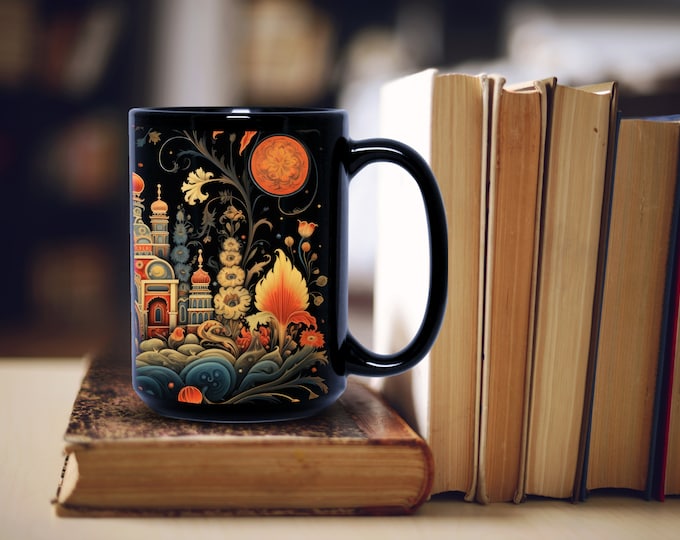 colorful fantasy coffee mug intricate black mug Russian botanical garden mug psychedelic mug alien worlds cup whimsical floral mug
