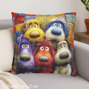 Colorful Dog Throw Pillow Cover, Funny Dog Lover Gift, Whimsical Puppy Art Cushion, Bright Pet Lover Decor, Cute Dog Faces Pillow Case