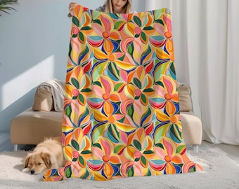 Abstract Floral Velveteen Plush Blanket Colorful Boho Throw Blanket, Artistic Cozy Couch Blanket, Maximalist Home Decor, Soft Floral Bedding