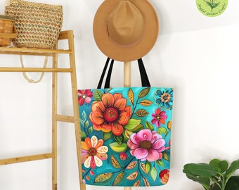 Floral Boho Tote Bag Colorful Canvas Shoulder Bag