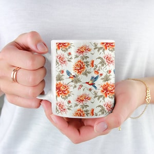 Floral Coffee Mug Tang Dynasty Style Mug Chinese Bird and Flower Tea Cup Gift For Women Unique Pretty Mug Orange Bloom Mug Gift For Birthday