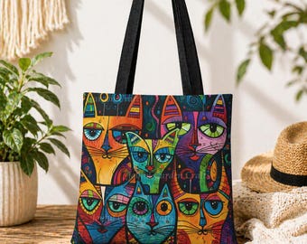 Colorful Cat Tote Bag Funny Cats Gift for Cat Lovers Folk Art Boho Tote Whimsical Cat Faces Reusable Shopping Bag Cute Animal Tote