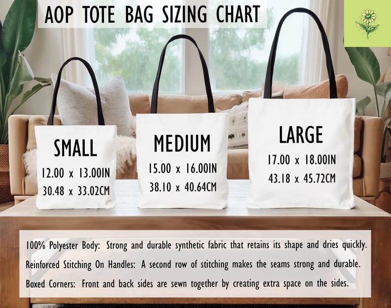Puede incluir: Tabla de tallas de bolsas tote AOP, que muestra tres tama&ntilde;os: Peque&ntilde;o (30,48 x 33,02 cm), Mediano (38,10 x 40,64 cm) y Grande (43,18 x 45,72 cm). Las bolsas son blancas con asas negras. La tabla tambi&eacute;n detalla la tela y la construcci&oacute;n.