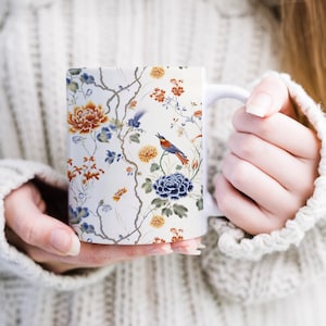 Ming Dynasty Style Mug Chinese Style Bird and Flower Mug Gift For History Lover Orange Blue Coffee Mug Floral Mug Chrysanthemum Vintage Mug