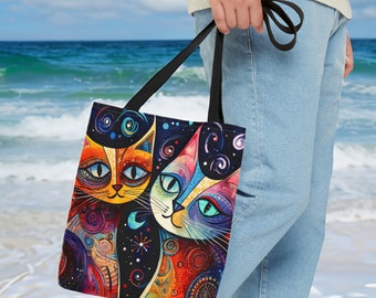Cat Tote Bag Whimsical Bohemian Art Summer Beach Bag