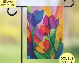 Bandera de jardín con tulipanes coloridos: decoración vibrante para primavera y verano.