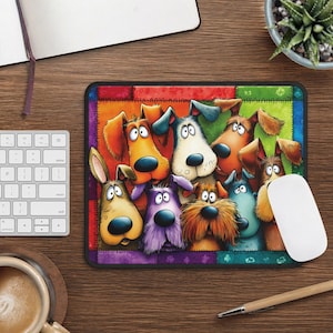 May include: A colorful mousepad featuring a cartoon illustration of several dogs with expressive eyes and various fur colors. The mousepad has a patchwork border with a black edge. A white mouse is next to the mousepad.
