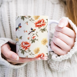 Tang Dynasty Style Mug Chinese Style Bird and Flower Mug Gift For History Lover Chinese Culture Gift Orange Blue Coffee Mug Floral Mug Gift