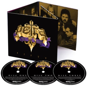 May include: A 3-disc box set of music by Petra, a Christian rock band. The box set is black with gold lettering and a purple ribbon. The title of the box set is "Petra Fifty Years". The discs are labeled "Disc One", "Disc Two", and "Disc Three".
