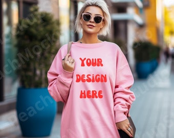 Gildan 18000 light pink mockup street fall sweatshirt city background women hoodie mock up bundle outdoor mock up oversize nature summer