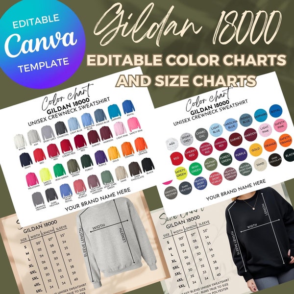 Gildan 18000 editable color chart size chart bundle customize Canva all colors 18000 mockup template Printify printful style mockup swatches