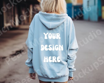 Gildan 18500 light blue mockup back street fall mockup city background women hoodie sweatshirt mock up outdoor mockup oversize nature summer