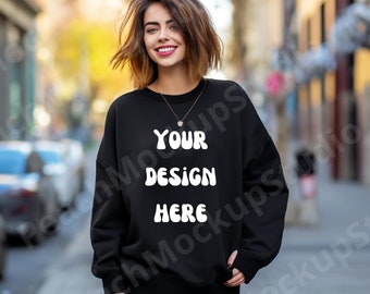 Gildan 18000 black mockup street fall mockup sweatshirt city background women hoodie sweater mock up outdoor mock up oversize nature summer