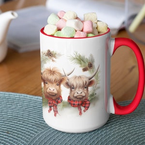 Highland Calves Cow Mug, Boho Highland Cows, Christmas highland cow Mug, highland cow Christmas Mug, Mug with design,  Boho Christmas, 15oz
