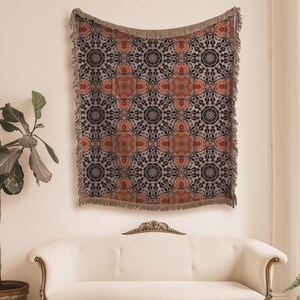 Black Grey Red Pattern Design, Throw Blanket, Home Decor Accent, Unique Woven Tapestry, Bed Accessory, Woven Blanket