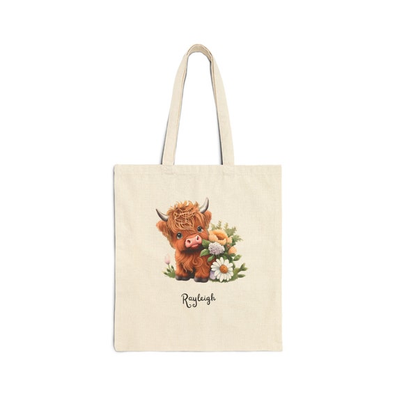 Highland Cow Baby Flower Lover Gift for Cow Lovers Tote Bag Reading Bag Gift for Book Club Personalized Fluffy Cow Cotton Canvas Tote Bag Etsy