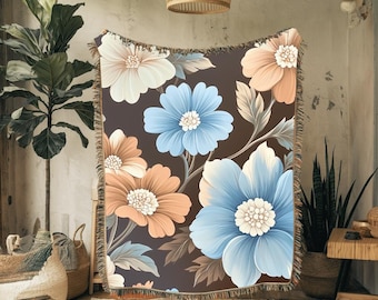 Floral Woven, Boho Throw Blanket,Blue Cream Peach Flower, Dark Brown Woven Tapestry, Cozy Reading Blanket, Living Room Decor, Woven Blanket