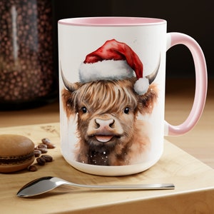 Highland Cow Christmas Mug, Highlander Cow, Western Christmas Mug, Cow Lovers, Western Christmas Cow Holiday Two-Tone Coffee Mugs