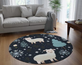 Cozy Winter Sheep Round Rug, Farmhouse Decor, Kids Room, Holiday Gift, Nursery Rug, Soft Plush Area Rug