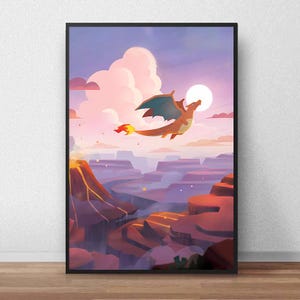 Charizard EX Full Art Speciale illustratie Flying Orange Dragon Volcano Canyon Fantasy Art - Pokemon-poster