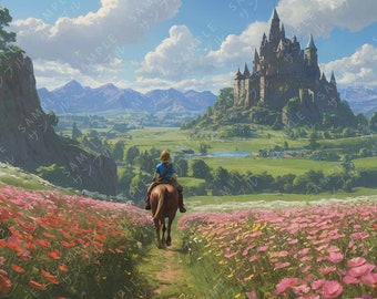 Tears of The Kingdom - Flower Fields and Castles - Digital Art Wall Art Print Poster Download .PNG