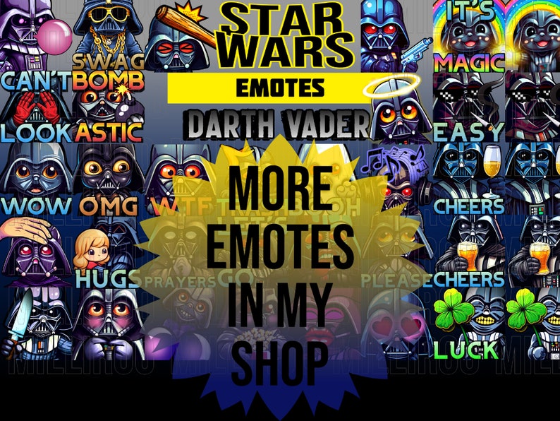 May include: A collage of Star Wars themed emojis featuring Darth Vader in various poses and expressions. The text "Star Wars Emotes" and "More Emotes in My Shop" is displayed in yellow.