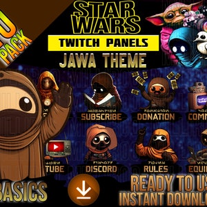 Op de afbeelding: Een set van 10 Twitch-panelen met Star Wars-thema met Jawa-karakters in verschillende poses. De panelen zijn gelabeld met tekst zoals "Abonneren", "Donatie", "Commando's", "Tube", "Discord", "Regels" en "Uitrusting". De tekst "Klaar voor gebruik Direct downloaden" is ook inbegrepen.