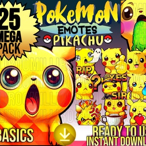 Könnte beinhalten: Ein digitaler Download von 25 Pikachu-Emojis zur Verwendung auf Twitch, Discord oder anderen Plattformen. Die Emojis zeigen verschiedene Ausdrücke und Posen von Pikachu, darunter "RIP", "YES", "SIR" und "ZZZ".