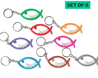 Llaveros de Primera Comunión con diseño de pez de Jesús (Ichthys), ideales para confirmación, bautismo, impresión 3D en PLA y catequesis.